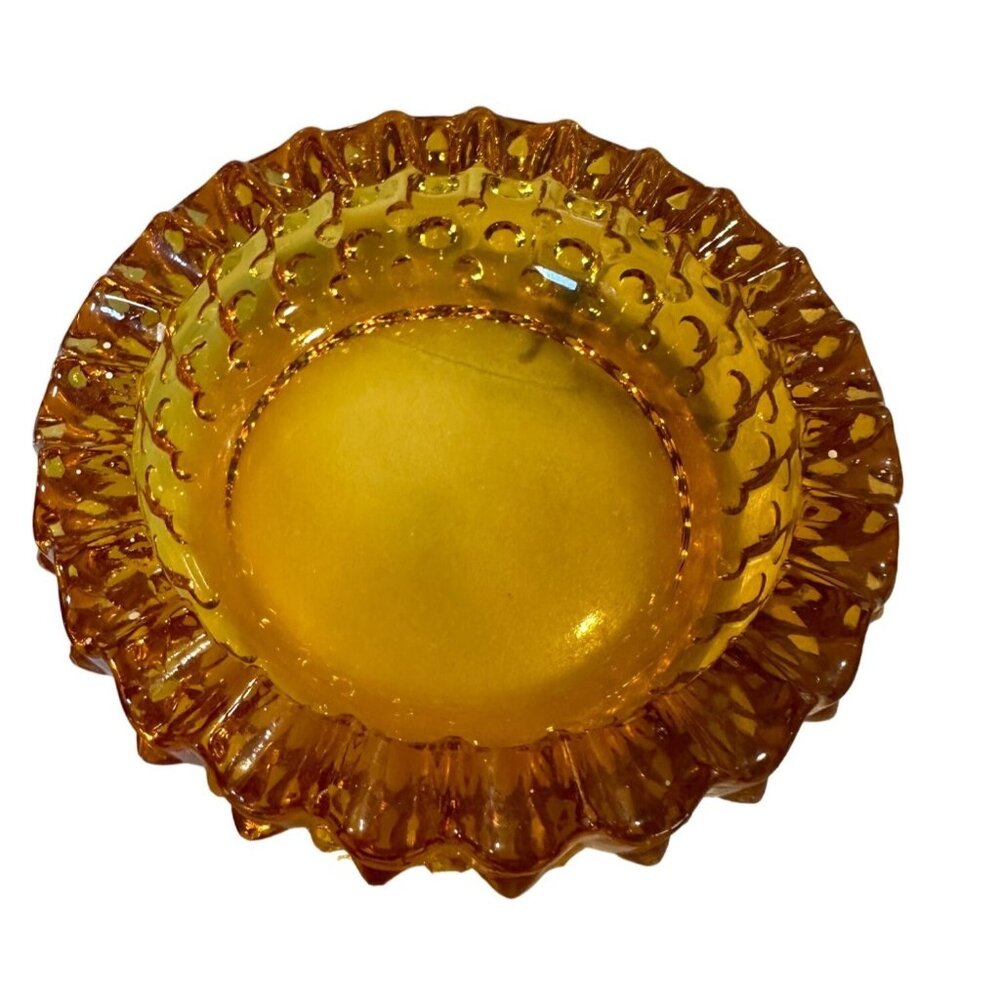 Vintage MCM Amber Hotnail Diamond Cuty Heavy Ashtray 5" Diameter‎ No chips